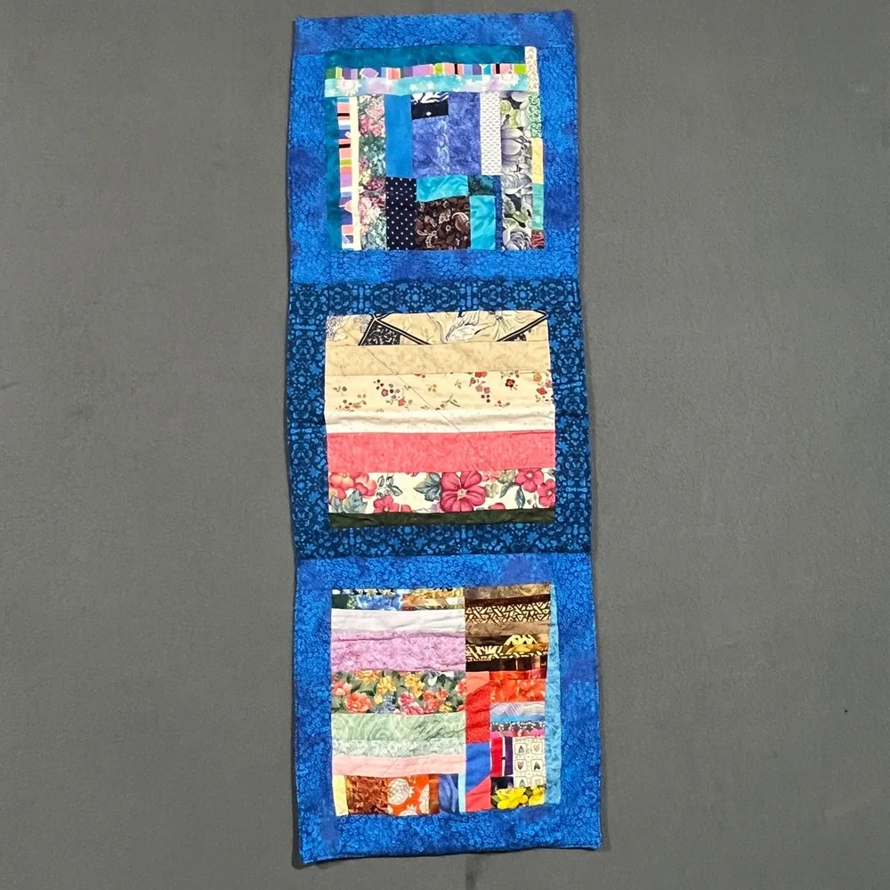 Handmade Quilted Table Runner Wall Hanging Blue Colorful Patchwork‎ Textile Art